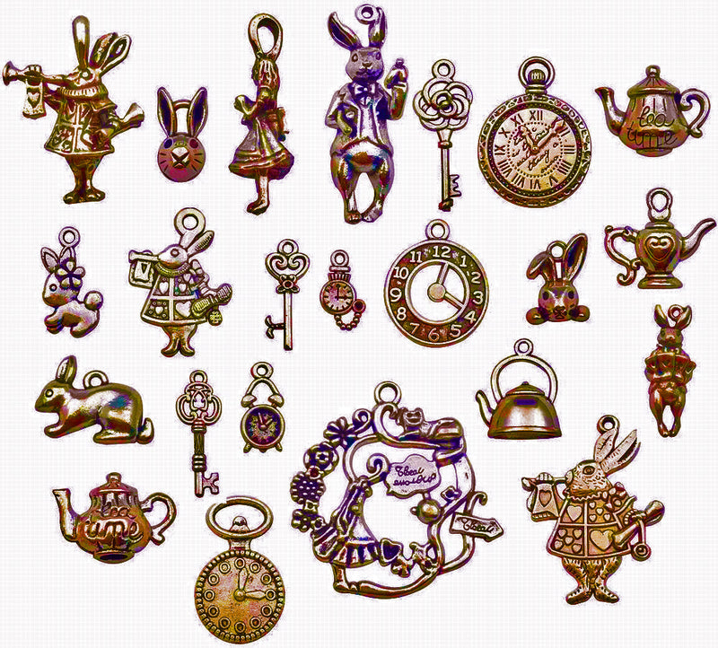 Charms - Alice in Wonderland Theme - 7 pieces - Antique Bronze