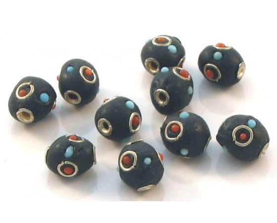 Kashmiri - Round - 10mm - 10 pieces - Black with Red and Blue Dots