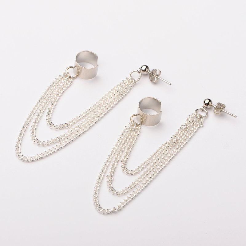 Ear Stud and Back with Cuff Earring and Chain - Silver