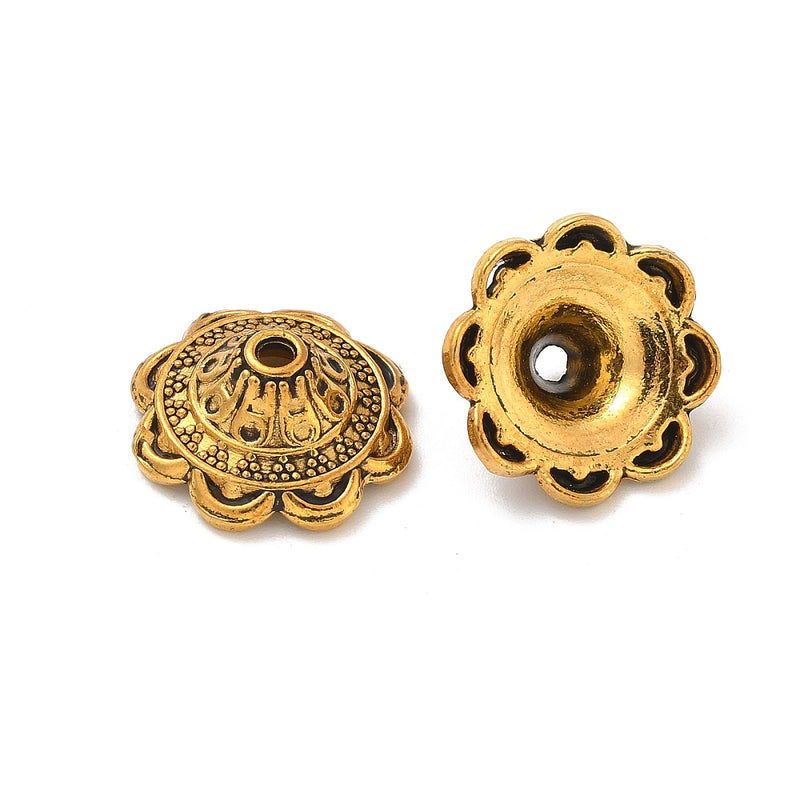 Bead Caps - Flower - 14mm x 5mm - Antique Gold
