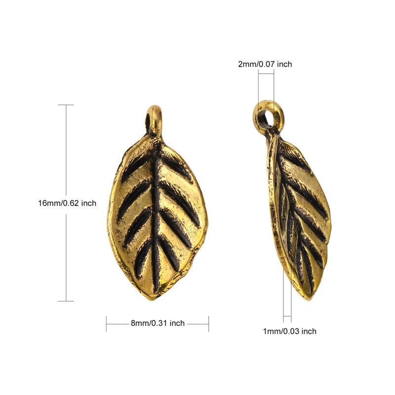 Charms - Leaf - 16mm x 8mm - 10 pieces - Antique Gold