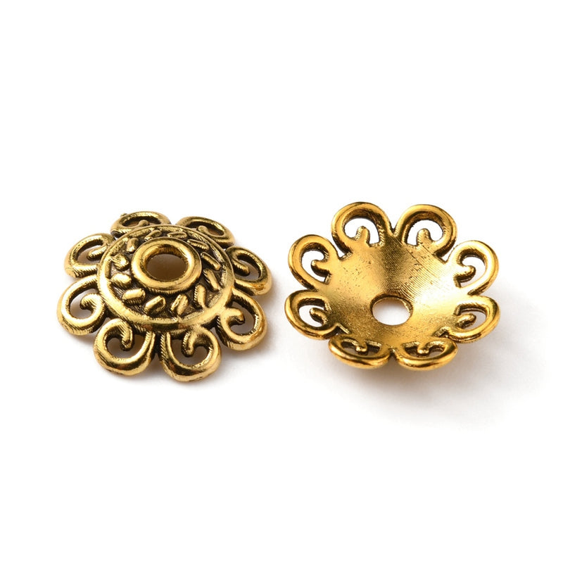Bead Caps - Flower - 12mm x 3mm - Antique Gold