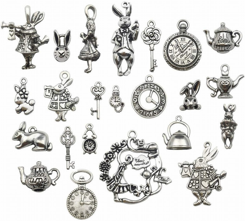 Charms - Alice in Wonderland Theme - 10 pieces - Antique Silver