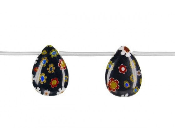 Millefiori - Flat Briolette - 13mm x 18mm - 2 pieces - Black