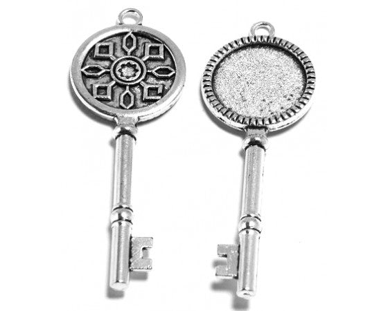 Bezel Pendant - Key - 70mm x 25mm - 1 piece - Antique Silver