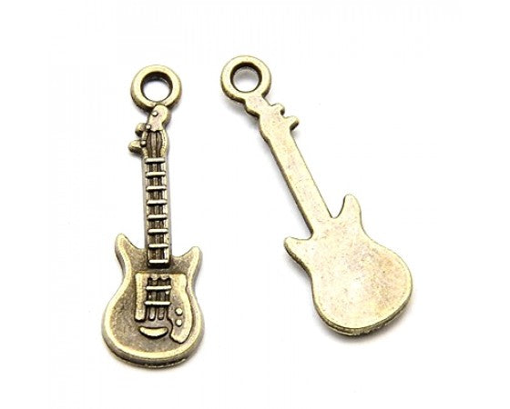 Charms - Guitar - 29mm x 7mm - 10 pieces - Antique Bronze