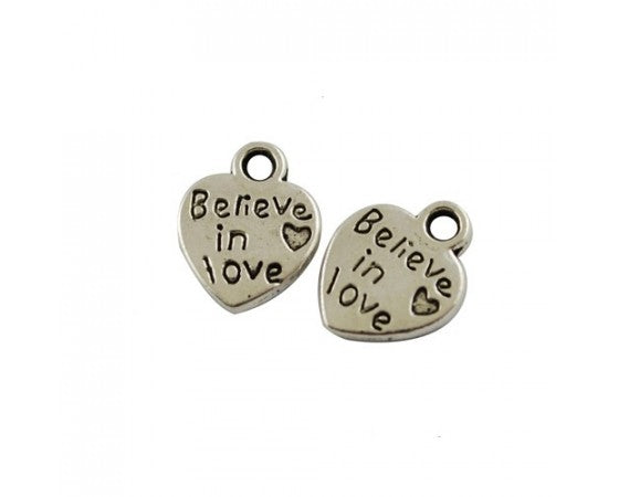 Charms - Heart - Engraved (Believe in Love) - 12mm - 10 pieces - Antique Silver