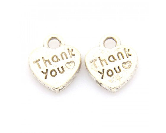 Charms - Heart - Engraved (Thank you) - 12mm - 10 pieces - Antique Silver