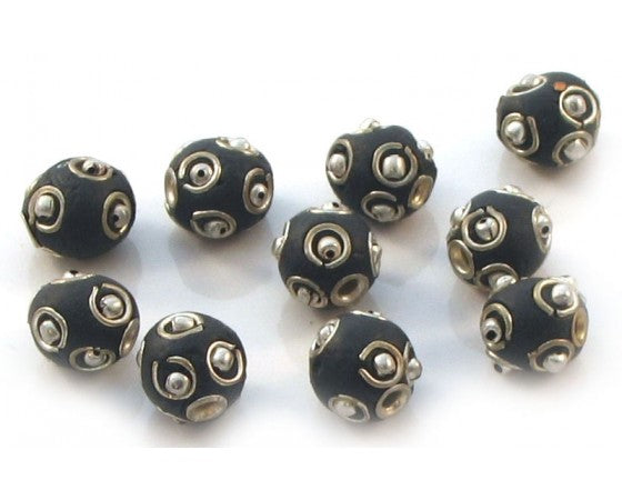 Kashmiri - Round - 10mm - 10 pieces - Black with Silver Dots