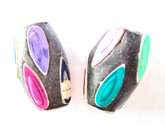 Kashmiri - Oval - 12mm x 20mm - 10 pieces - Black with Multi Coloured Teardrops