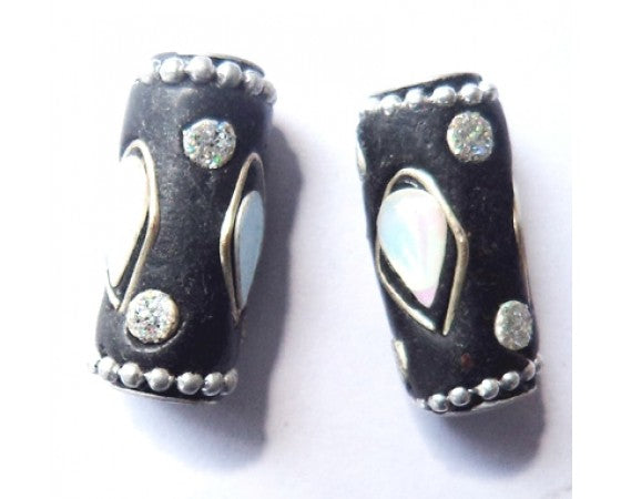 Kashmiri - Tube - 10mm x 20mm - 10 pieces - Black with Silver Teardrops