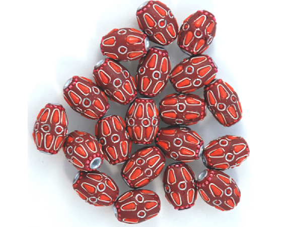 Kashmiri - Oval - 20mm x 24mm - 10 pieces - Red with Red Accents