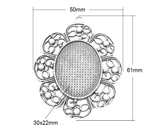Bezel Pendant - Oval (Flower) - 60mm x 48mm - 1 piece - Antique Silver