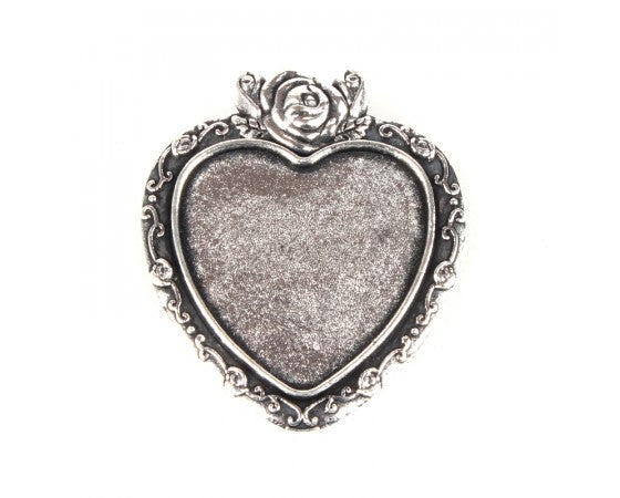 Bezel Pendant - Heart (Rose) - 39mm x 32mm - 1 piece - Antique Silver